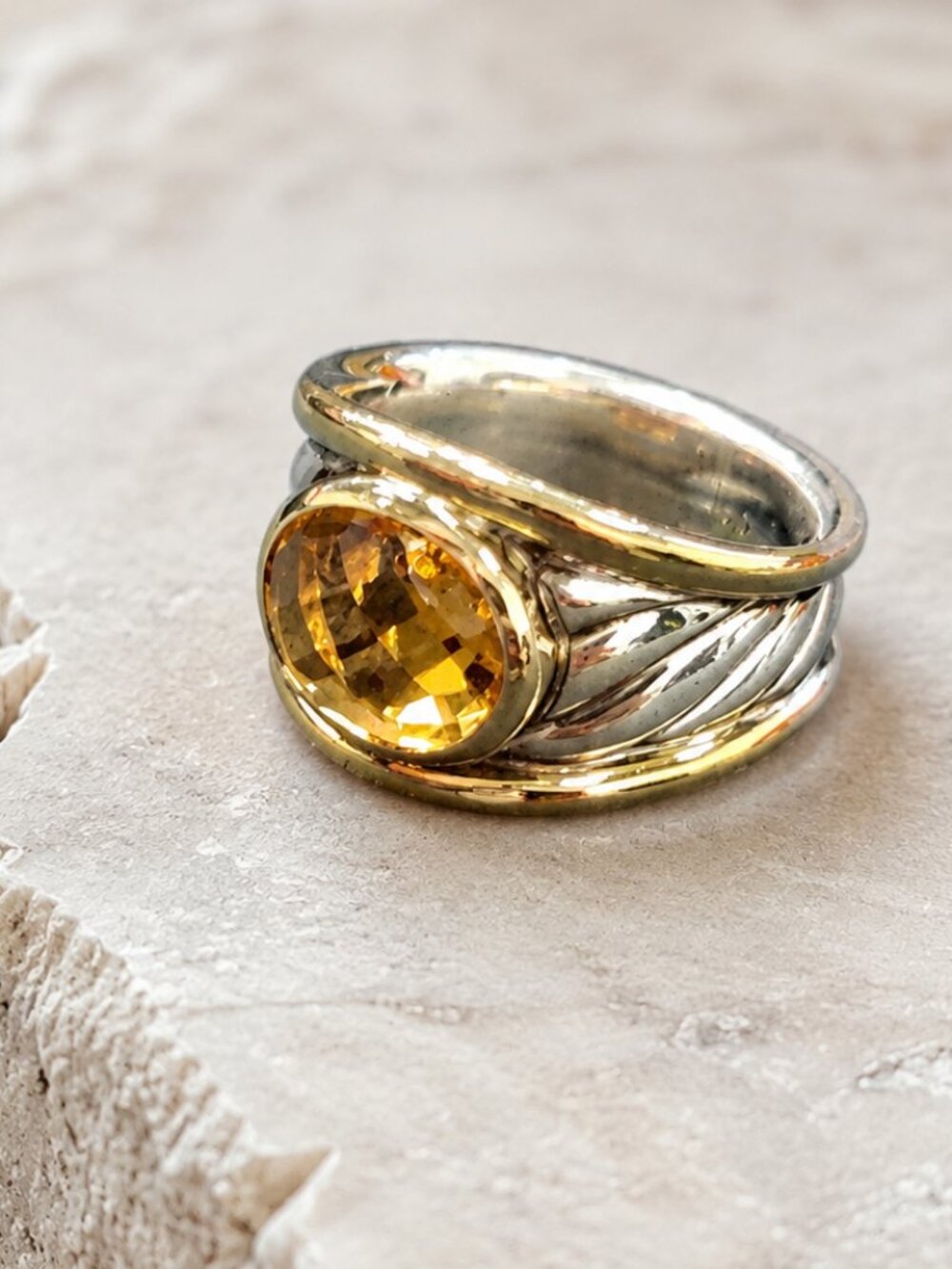 David Yurman Silver and Gold Ring with Yellow Citrine